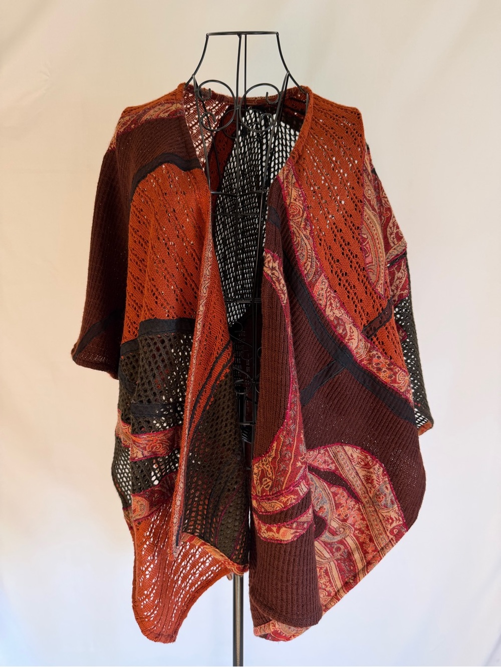 Chico’s Open-Front Patchwork Knit Poncho Cardigan in Rust and Burgundy
